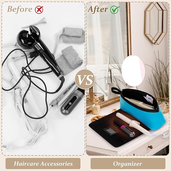 GNEGNI Hair Tools Travel Bag with Heat Resistant Mat, 2-in-1 Portable Hot Tools Organizer fits Curling Iron, Straightener & Hair Accessories, Travel Vacation Essentials(Blue/Pink) (Blue)