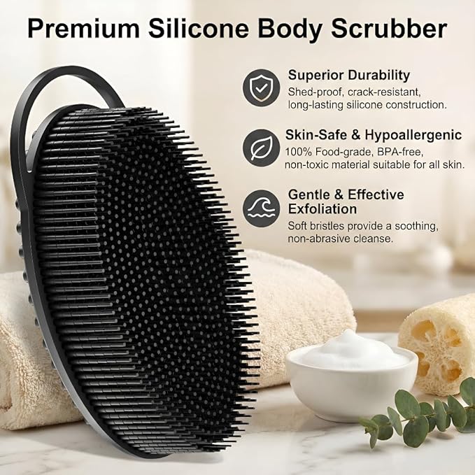Silicone Body Scrubber, Exfoliating Loofah Alternative for Women Men, Soft Silicone Body Shower, 2 in 1 Bath and Shampoo Brush for Sensitive Skin, Back,Showering,Brush Exfoliator (Black)