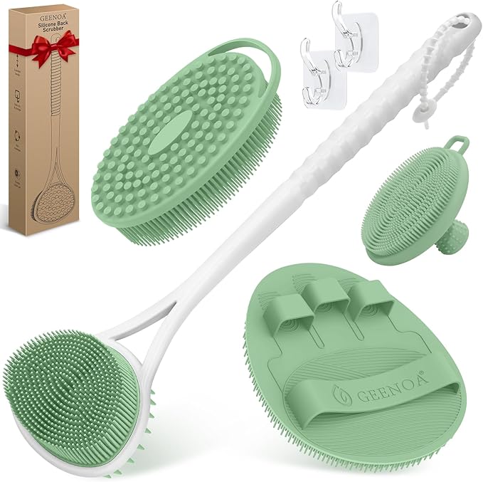 Silicone Back Body Face Scrubbers Set 4PCS, 15.35’’ Back Scrubber Soft Body Scrubber for Dual-Side Usage, Easy-to-Hold Soft Bath Glove & Face Scrubber for Good Foaming Deep Cleaning(Green)