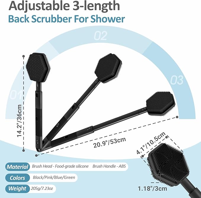 Silicone Back Scrubber for Shower, 16''-21''Extendable Shower Back Scrubber with Dual-Side Large Brush Head, 3-Length Back Brush Bath Brush with Strong Handle & Rich Foaming Bristles(Black)