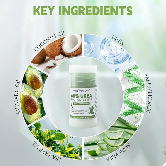 60% Urea with 2% Salicylic Acid Foot Hand Care Stick with Aloe Vera & Tea Tree - Urea Cream for Dry Cracked Feet Hands Heels Elbows Knees, Provides Deep Hydration and Softens Dead Skin, 1.41 oz