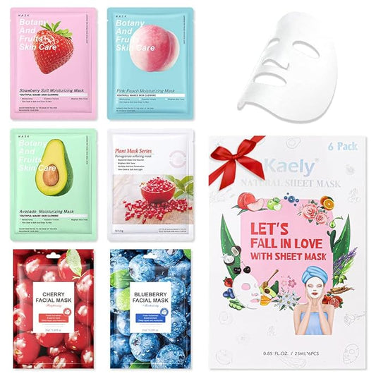 6 PCS Real Nature Hydrating Strawberry Cherry Peach Face Mask skincare, Hyaluronic Acid, Vitamin C and E, Chamomile, Korean Beauty Essence Facial Paper Sheet Mask for Skin Care Moisturizing