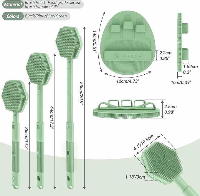 Silicone Back Scrubber & Soft Bath Glove 2PCS, 16''- 21''Extendable Back Scrubber with Dual-Side Large Head, 360° Anti-Slip Hand-fit Silicone Body Scrubber for Rich Foaming Deep Cleaning(Green)