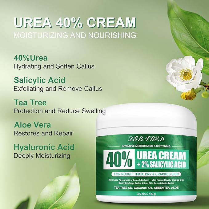Urea Cream 40 Percent For Feet Maximum Strength, Plus 2% Salicylic Acid with Hyaluronic Acid, Urea Foot & Hand Cream for Dry Cracked, 4.6 oz