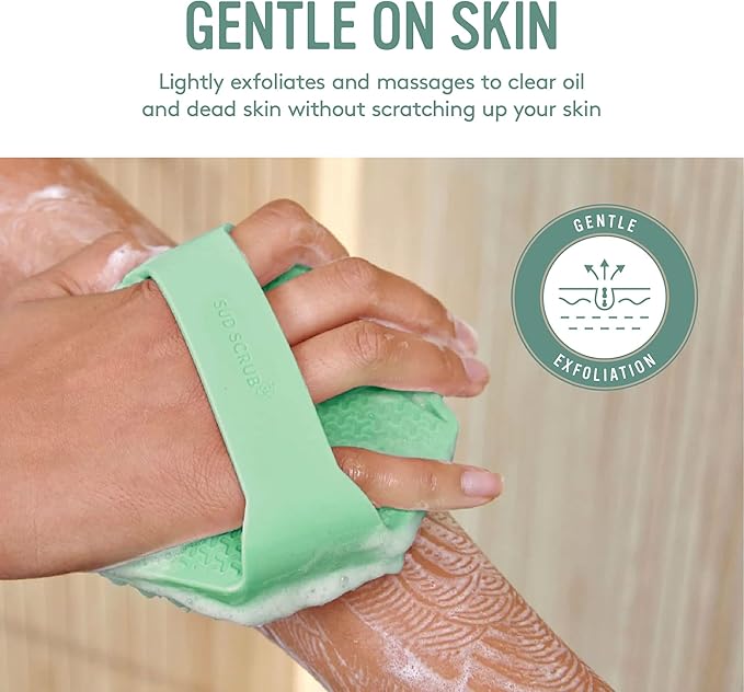 Sud Scrub® Antimicrobial Silicone Body Scrubber, Exfoliating Body Scrubber for Sensitive Skin, Eco Friendly Shower Scrubber for Body, Silicone Body Brush for Showering, Mint