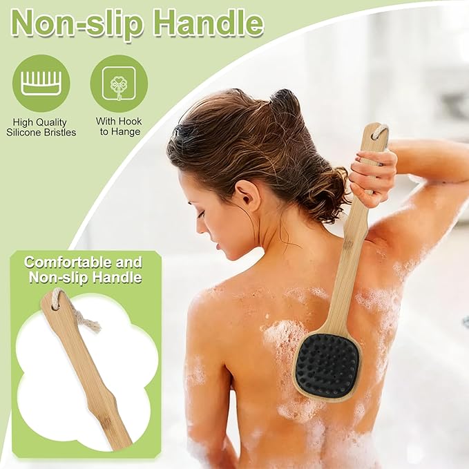 Silicone Back Scrubber for Shower, Stocking Stuffers for Men, Silicone Bath Body Brush Loofah with Long Handle, Dual-Sided Shower Brush for Body, Black Exfoliating Body Scrubber Back Washer with Hook