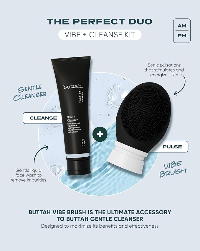 Buttah Skin by Dorion Cleanse + Vibe Brush Kit | Vibe Cleansing Face Brush | Buttah Facial Cleanser 3.4oz | 2-Speed Sonic Pulsating - Gentle Exfoliation - Water Resistant