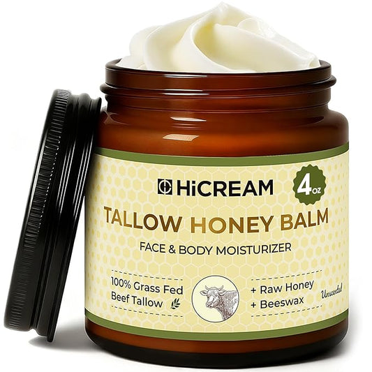 Beef Tallow for Skin, Beef Tallow and Honey Balm, 100% Organic Grass-Fed Beef Tallow Balm, Face & Body Moisturizer, Deeply Nourishment for Dry, Cracked, Sensitive Skin, Natural Formula (4 Oz)