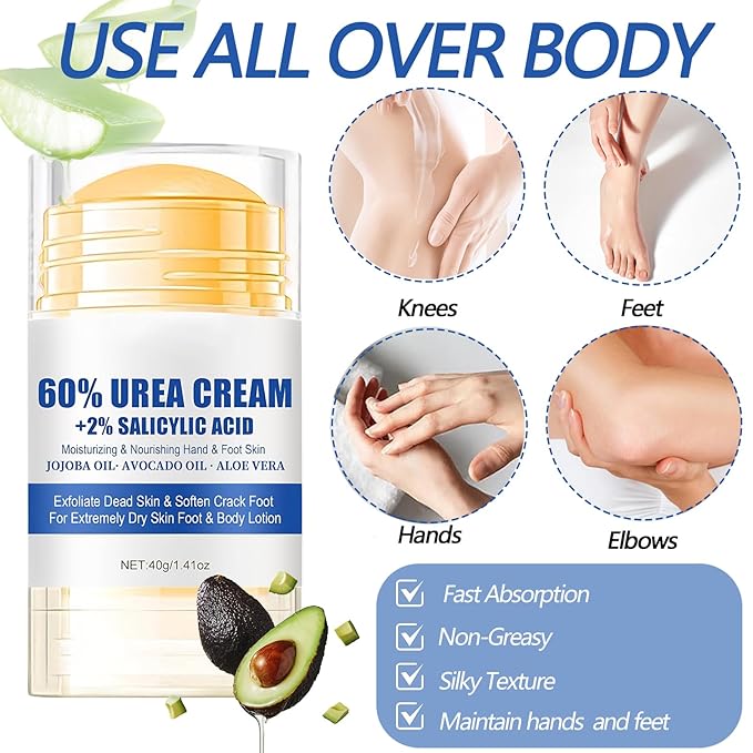 Urea Cream 60% plus Salicylic Acid 2%Hydrating and Anti-Cracking Urea Foot Cream,Foot Balm Stick Repairs Cracked Heel Feet Maximum Strength,Moisturizer for Dry Cracked,Feet, Knees, Elbows, Hands