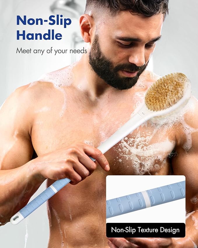 Back Scrubber Body Shower Brush: 20.5‘’ Extra Long Anti Slip Handle Bath Brush with Stiff and Soft Bristles - Showering Exfoliator Wet or Dry Brushing for Women, Men, Elderly (Blue)