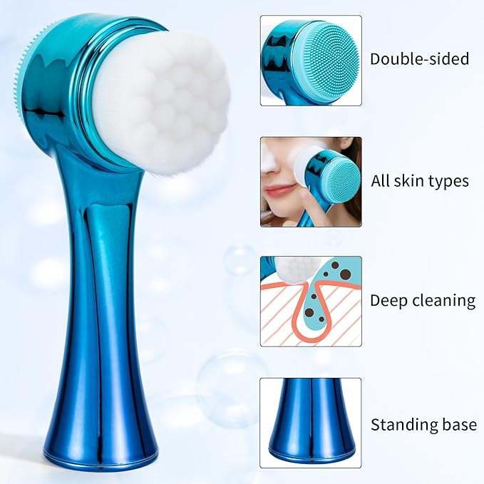 Face Brush 2 in 1, Facial Cleansing Exfoliating Scrubber Brush, Silicone Double Side Manual Face Wash Scrub Brush with Soft Fiber for Deep Pore Cleansing, Massaging, Skin Care,Gradient Blue