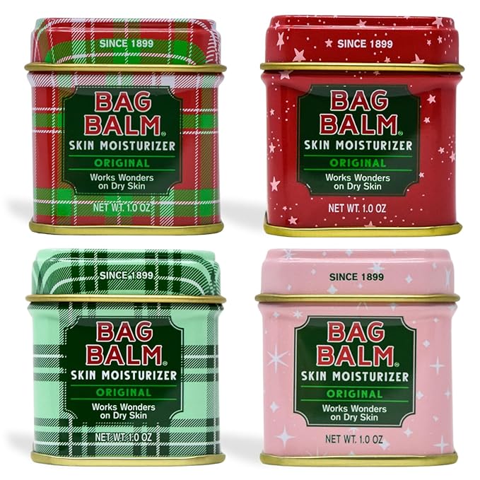 Bag Balm Mini Tin Holiday Gift Set – Bundle of 4 Limited Edition Tins (Red Star, Pink Star, Green Plaid, Red Plaid) – Multi-Use Moisturizing Balm for Dry Skin, Lips, Hands and Winter Hydration