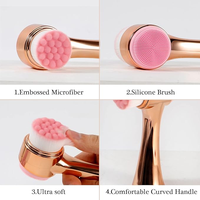 Face Brush 2 in 1, Facial Cleansing Exfoliating Brush with Ultra Fine Soft Bristles for Pore Deep Cleansing Silicone Double Side Face Wash Scrub Brush for Skin Care, Gold