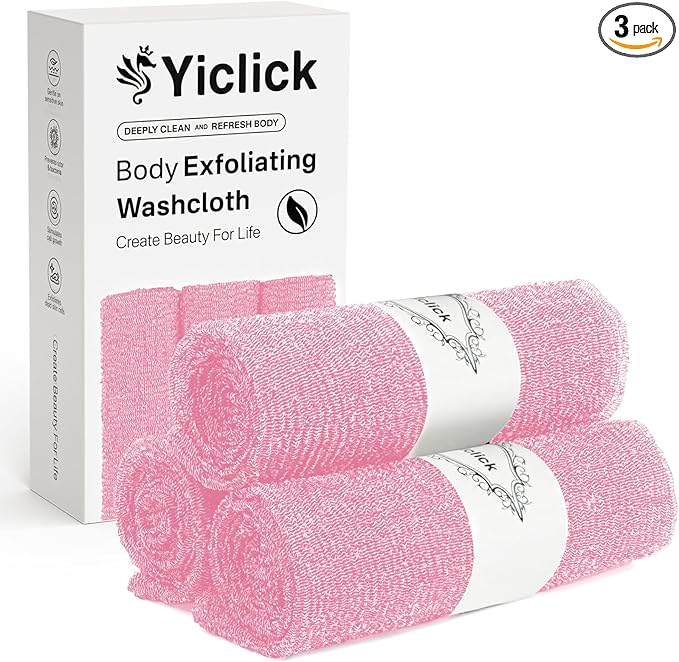 Yiclick Exfoliating Washcloth Towel, Japanese Exfoliating Bath Wash Cloth for Body Exfoliation, Korean Back Scrubber Washer for Shower, African Net Sponge Brush Loofah Exfoliator (Pink)