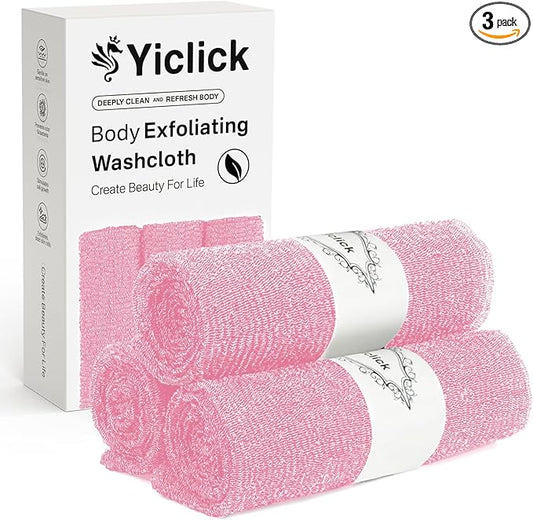 Yiclick Exfoliating Washcloth Towel, Japanese Exfoliating Bath Wash Cloth for Body Exfoliation, Korean Back Scrubber Washer for Shower, African Net Sponge Brush Loofah Exfoliator (Pink)