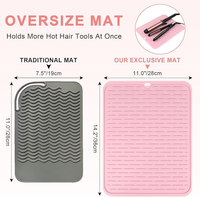 Oversize Silicone Heat Resistant Mat for Curling Irons, Flat Irons, Hair Straighteners and Hot Hair Styling Tools, Portable Hot Tools Cover Pad for Travel Vanity Salon(14.2" x 11.0")