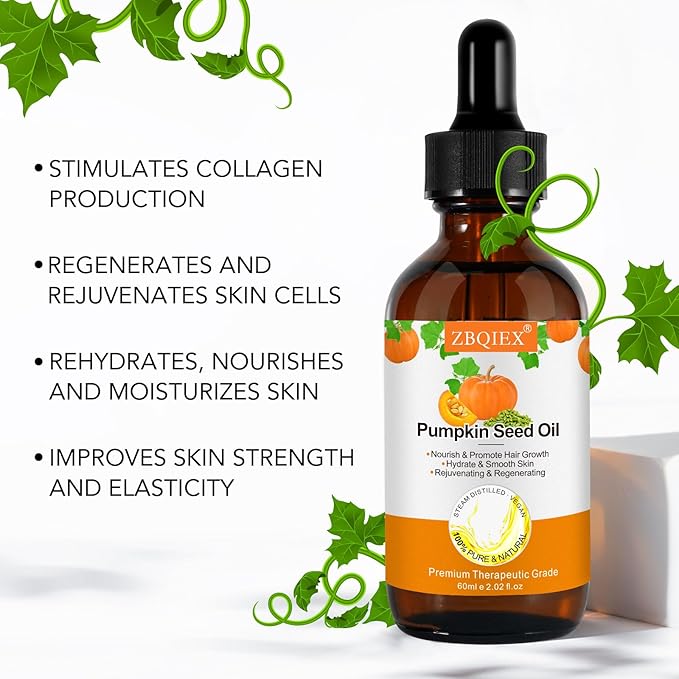 Pumpkin Seed Oil, Pumpkin Seed Essential Oil for Hair Growth & Dry Damaged Hair, Strengthen Hair Thickness, Nourish Hair scalp, Moisturizer Serum for Skin, Face & Body, 2 Pcs