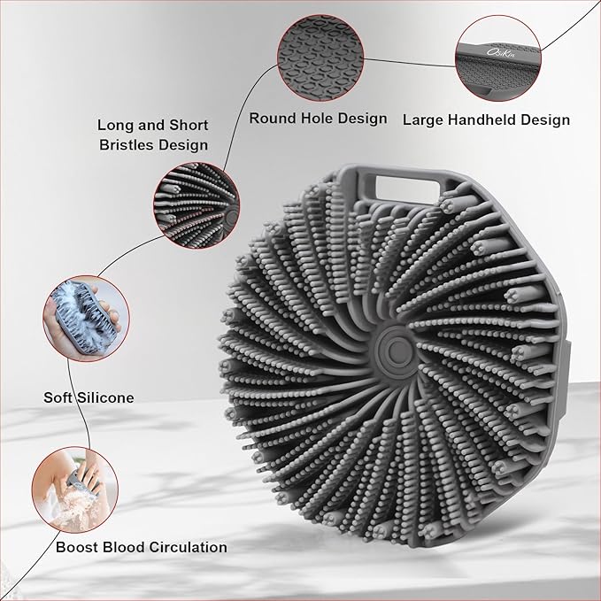 Silicone Body Scrubber Shower Brush, Exfoliating Body Wash Scrubbers for All Skin Types, Ergonomic No-Slip Handle, Exfoliation & Gentle Massage,Body Brush for Showering with Hanging Hole(Gray)