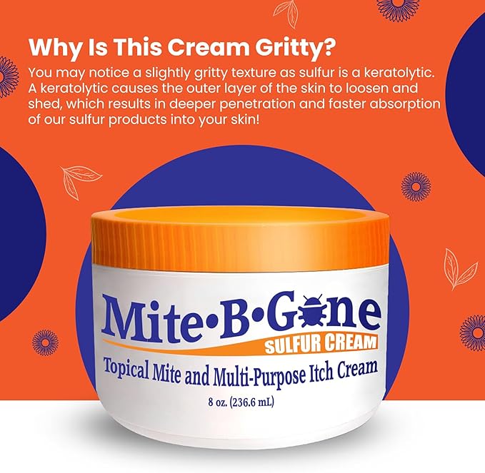 Mite-B-Gone Mite Cream & Bite Relief - Natural Blend Sulfur Cream for Multi-Purpose Bites, Redness, Itching, & Irritation | Safe for Kids and Adults | Fast & Effective for All Skin Types| 8 oz