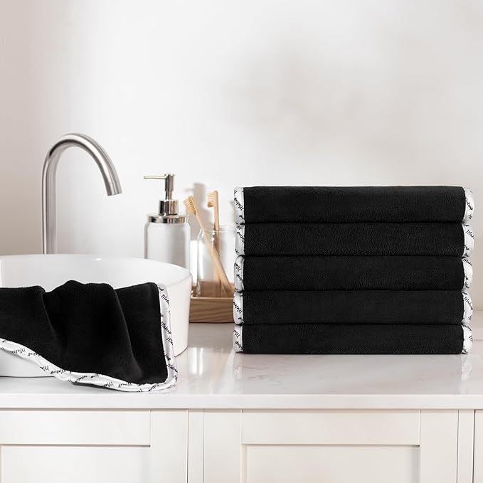 Arkwright Makeup Towels - Pack of 6 - Ultra Soft & Gentle Microfiber Coral Fleece Washcloth Face Make Up Remover, Reusuable Eraser Cloth Essentials for Hosts & Artists, 13 x 13 in, Black/White