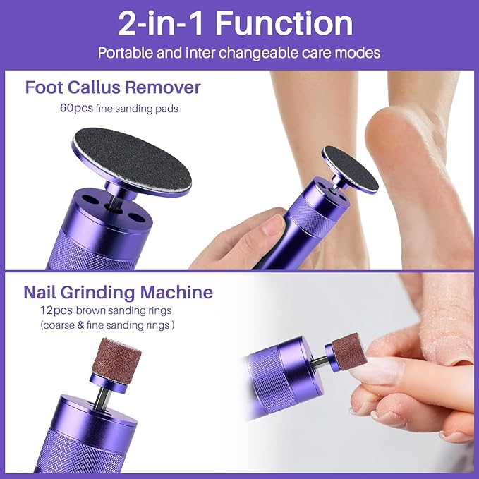 Electric Foot Callus Remover, 2-in-1 Electric Foot Filer/Nail Filer, Callus Remover for Feet with 60Pcs+12Pcs Sandpaper Discs，Holiday Gift Foot Repair Tool, Purple