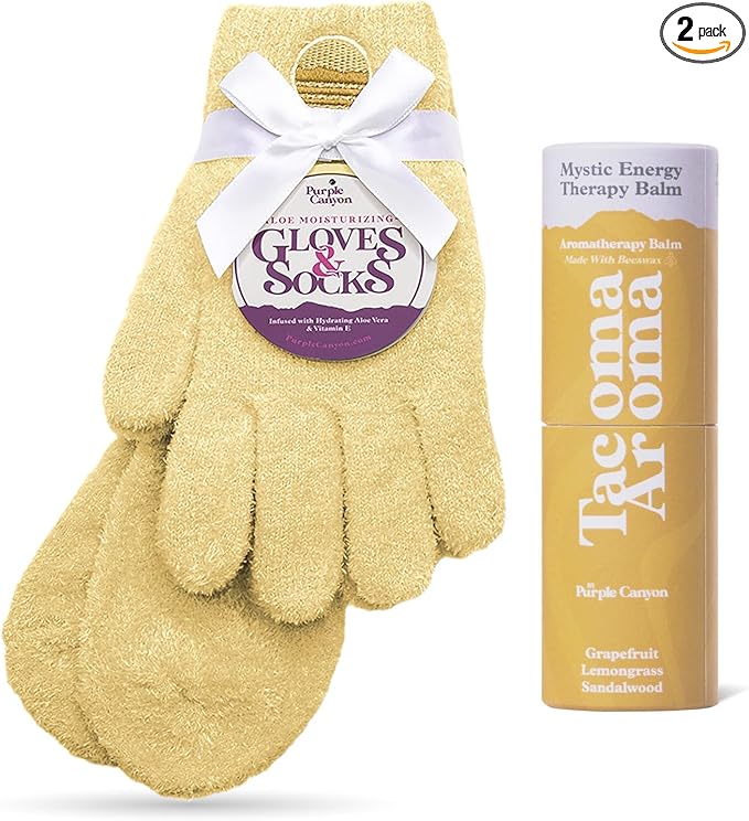 Purple Canyon Moisturizing Socks & Gloves and Heel Balm Foot Care Kit | Yellow Socks and Gloves Infused with Aloe Vera and Vitamin E | Cracked Heel Treatment for Self Care