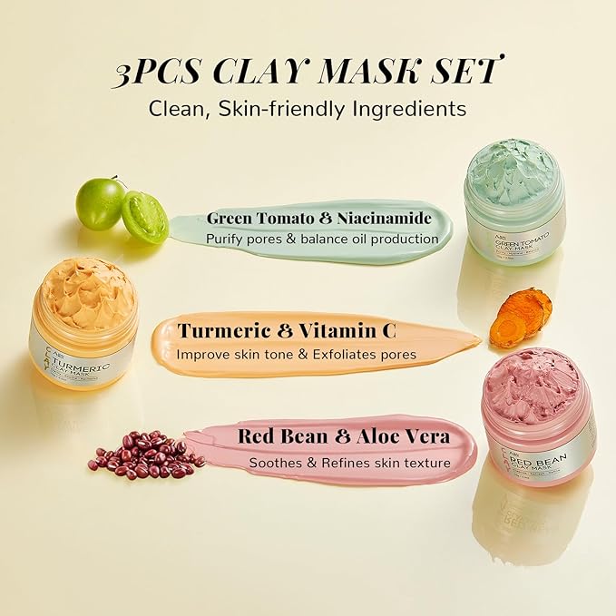 ANAI RUI 3 Pcs Pore Cleansing Face Mask Set,Green Tomato Clay Mask - Turmeric Vitamin C Facial Mask Red Bean Refreshing Pore Mask, Self Care Gifts Christmas Gifts for Women/Teens girls 2.5 oz each