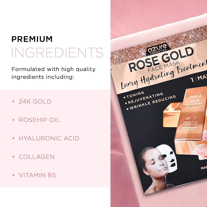 Rose Gold Korean Facial Sheet Mask By Azure – Protects Against Sun & Outdoor Pollutants | Restores Natural Elasticity | Removes Dirt and Toxins For Clear Looking Skin - 5 PK