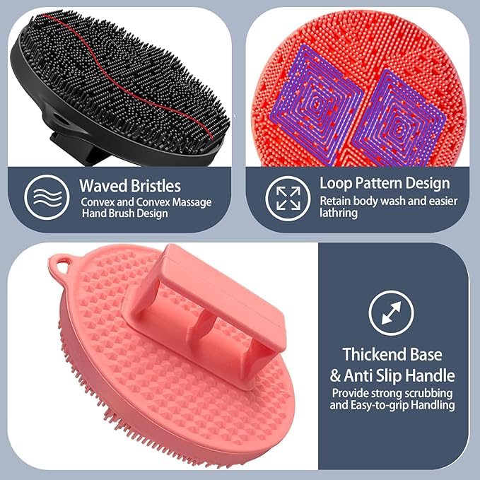 Silicone Body Scrubber-Silicone Shower Brush for Gentle Exfoliating & Lathering with Body Scrub & Wash, Durable & Hygienic, Deep Cleansing Exfoliator for All Skin Types - Shower Essential (Pink+black)