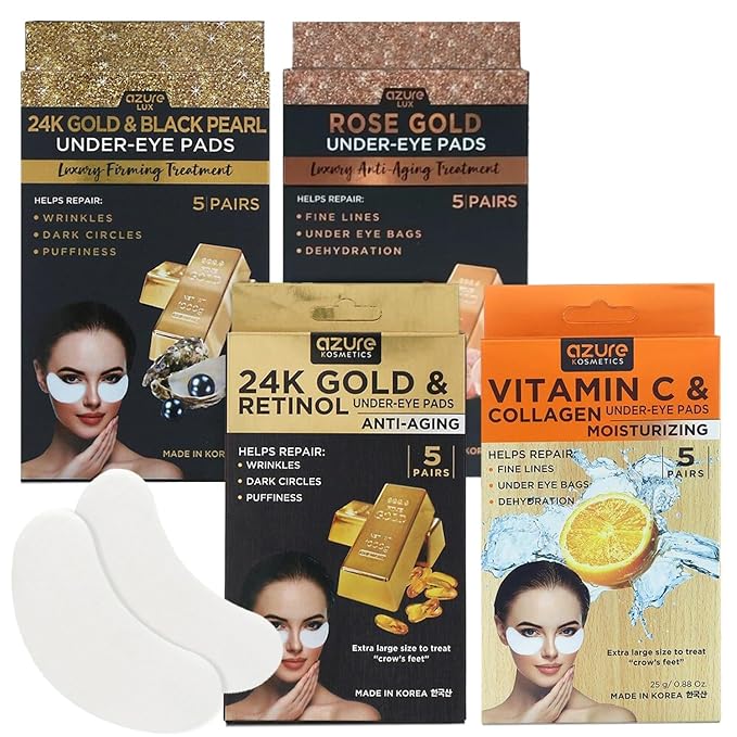 AZURE Under Eye Patches - Variety Pack (20 pairs) - Vitamin C & Collagen, 24K Gold/Retinol, Black Pearl, Rose - Anti-Aging - Fine Lines & Wrinkles Treatment, Dark Circles & Puffiness Under Eye Pads