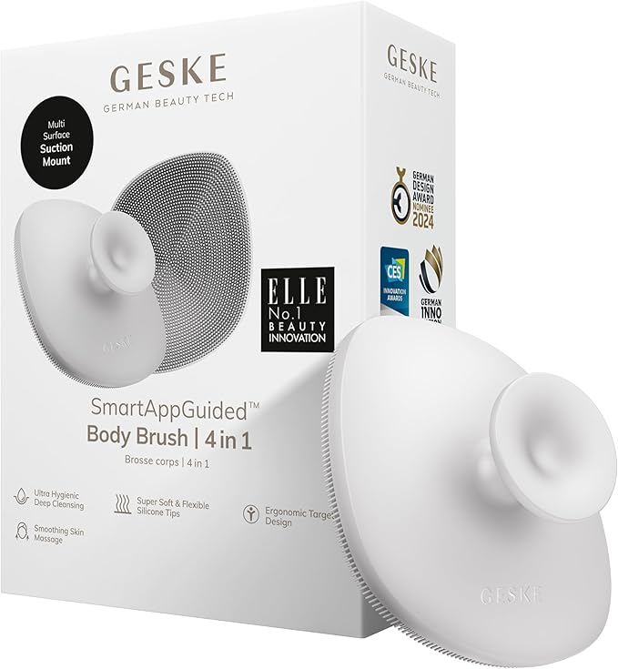 GESKE Body Brush | 4 in 1 | Cleansing Brush for The Entire Body | Professional Deep Cleaning | Soft Silicone Bristles | Ergonomic Two-Finger Design | Cleanses & Massages