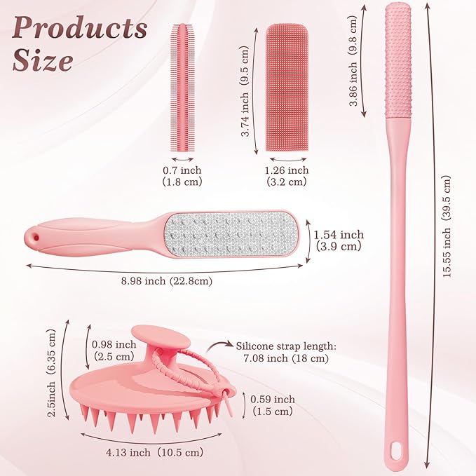 Manmihealth Silicone Back Scrubber & Soft Shower Brush, Silicone Scalp Massager, Toe Cleaning Brush Set 8 PCS, Body Foot Scrubber & Shampoo Brush Combination, with 4 Free Hooks (Style 1 Pink)