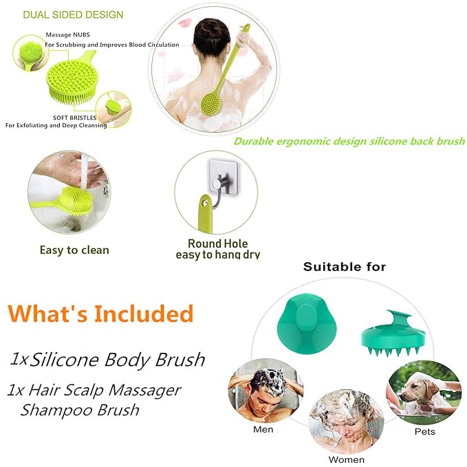 Silicone Body Scrubber & Scalp Massager - Long Handle Back Brush for Shower, Exfoliating Scrubber, Hair Dandruff Shampoo Brush for Men, Women & Kids