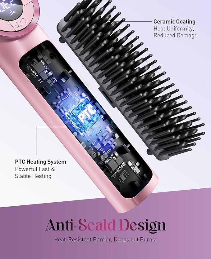 Hair Straightener Brush: Upgraded Straightening Comb for Women with Dual Voltage, Pink