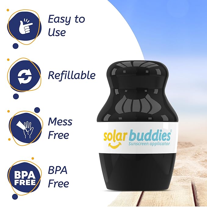 Solar Buddies Sunscreen Applicator - Red, Black, Nude & Purple - BPA-Free Refillable Roll on Sponge Sunscreen, Suncream & Lotion Applicator for Kids, Adults & Families - Holds 3.4fl oz, Travel Size