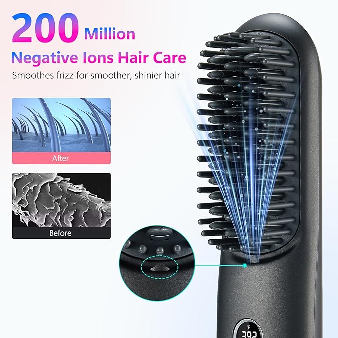 LCD Screen Cordless Hair Straightener Curler 2 in 1, Portable Mini Hair Straightening Brush for Travel Negative Ionic Fast Heating Hot Comb for Women, Folding Brush with Mirror, Black