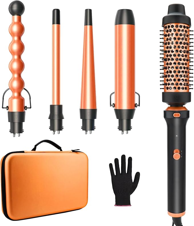 GSKY 5 in 1 Hair Curling Irons, Curling Iron Wand 5Pcs 0.5 to 1.25 Inch with Thermal Brush, Interchangeable Ceramic Barrel with Case Heat Protective Glove 2 Clips, Dual Voltage Hair Curler