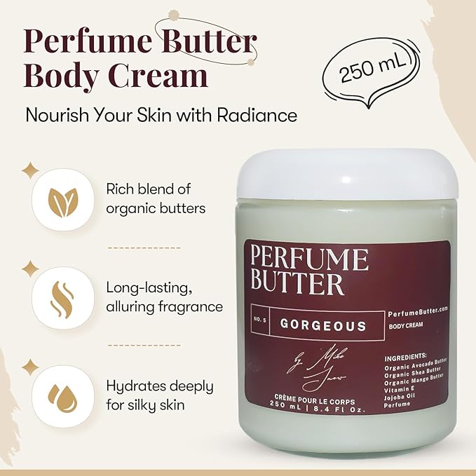 8.4 Fl. oz Perfume Butter – GORGEOUS | Hydrating Lasting Scented Body Butter with Pistachio, Hazelnut, Rum & Marshmallow | Unisex & Handcrafted for Silky Soft Skin – Amber Glass Jar