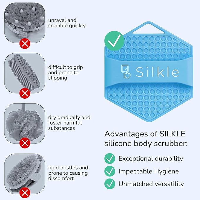 Silicone Body Scrubber - Exfoliating Bath Brush and Skin Cleanser - Shower Sponge for Gentle Body Scrub and Wash - Silicone Scrubbing Care Tool for a Refreshed and Renewed You - Blue