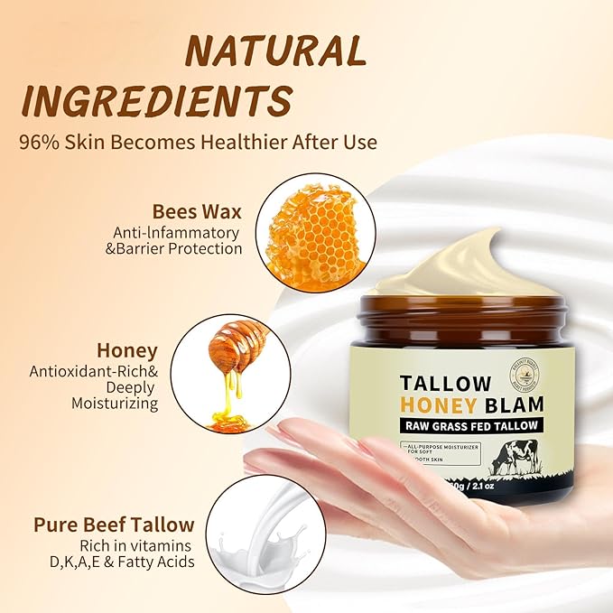 Beef Tallow for Face,Tallow and Honey Balm,Tallow Face Moisturizer Organic Grass Fed,Whole Body & Face 2.1oz Citrus Breeze