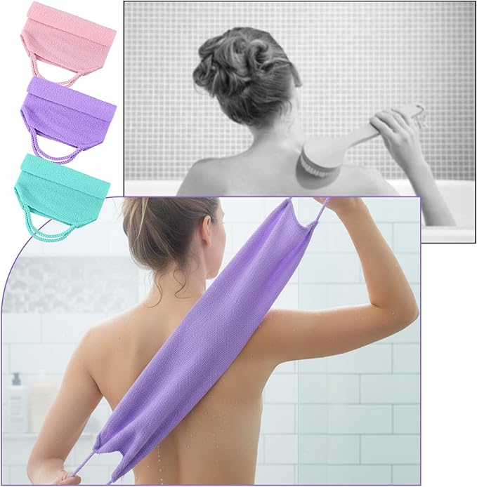 Exfoliating Shower Towel, 3 Pcs Double-Sided Back Exfoliator Body Scrub Towel, Nylon Scrubber with Handles, Stretchable Back Washer for Shower for Women Men(Green, Pink, Purple)