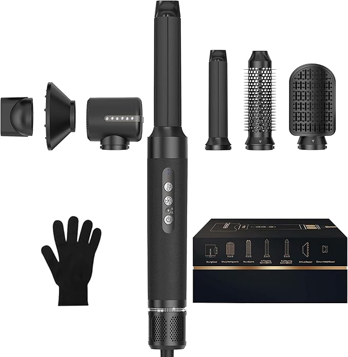 Hair Dryer Brush 7 in ONE, Detachable Fast Drying, Volumizing, Curling, Straightening, Ionic Hair Dryer with Diffuser, Powerful Blow Dryer Brush with Auto- Wrap Curler, Hair Styling Tools Storage Case