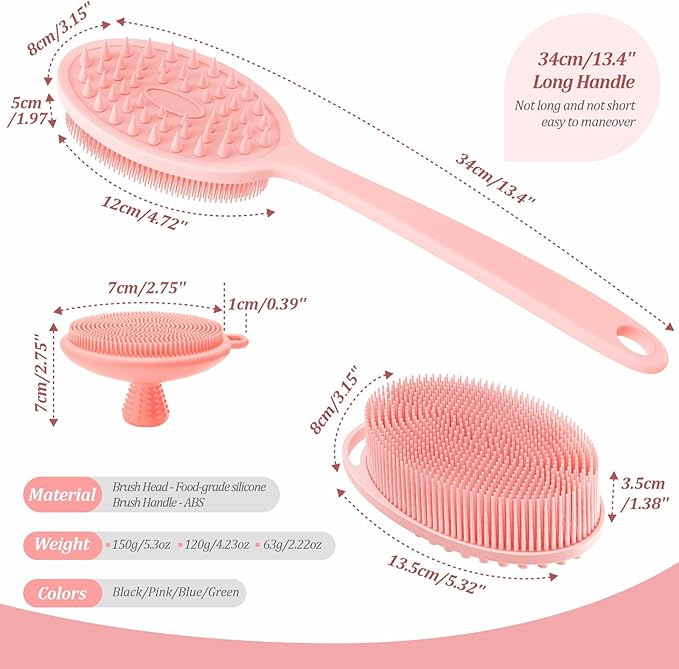 Silicone Back & Body & Face Scrubber Set 3PCS, Gentle Exfoliating Back & Body Scrubber with Dual-Side Brush Head, Hygienic Silicone Loofahs with Soft Bristle and Non-Slip Handle(Pink-3PC)