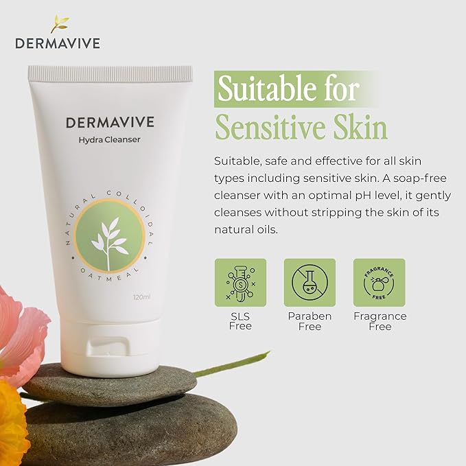 Dermavive Hydrating Facial Cleanser, Soap-Free Gentle Cleanser with Colloidal Oatmeal & Vitamin E, Soothes & Moisturizes Sensitive & Dry Skin, Suitable for All Skin Types, 120ml (4.05oz)