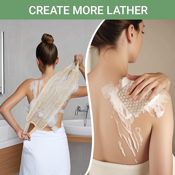Back Scrubber for Shower with Handles | Natural Jute Body Exfoliator, Long Rectangular Bath Loofah for Deep Cleansing, Reusable Loofah for Women and Men (Exfoliating Back Scrubber)