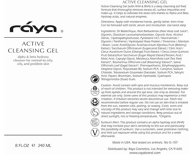 Raya Active Facial Cleansing Gel (G-107) – Purifying and Hydrating Makeup Remover, Gentle Gel Cleanser for Oily, Sensitive, and Combination Skin, Deep Cleansing Formula for Balanced Skin