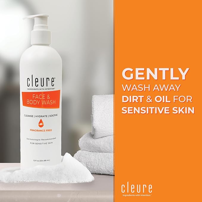 Cleure Face and Body Cleanser - Hypoallergenic, Fragrance-Free Body Wash for Sensitive Skin & Eczema - Paraben & Sulfate Free, PH Balanced Body Soap (12 oz, Pack of 1)