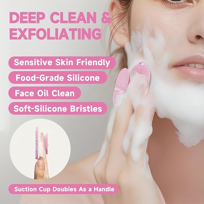 2 PCS Face Scrubber, Soft Silicone Face Exfoliator with Suction Cup for Man and Women Deep Skin Clean (Body Scrubber + Face Scrubber Pink)