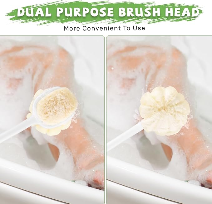 2 Pcs Long Handled Shower Brush Double Sided Bath Brush Massage Body Cleaning Mesh Sponge with Soft Bristles and Loofah for Skin Exfoliating Women Men - Green