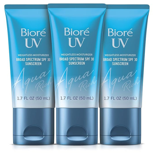 Biore UV Aqua Rich SPF 30 PA+++ Daily Moisturizer Sunscreen for Face, For Sensitive Skin, Oil Free, Hyaluronic Acid, Vegan, Oxybenzone & Octinoxate Free, Dermatologist Tested, 1.7 Oz/3pk